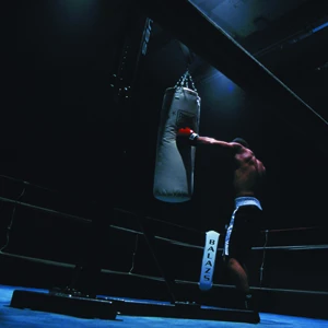 Balazs Fitness Boxer Hitting Heavy Bag in Boxing Ring